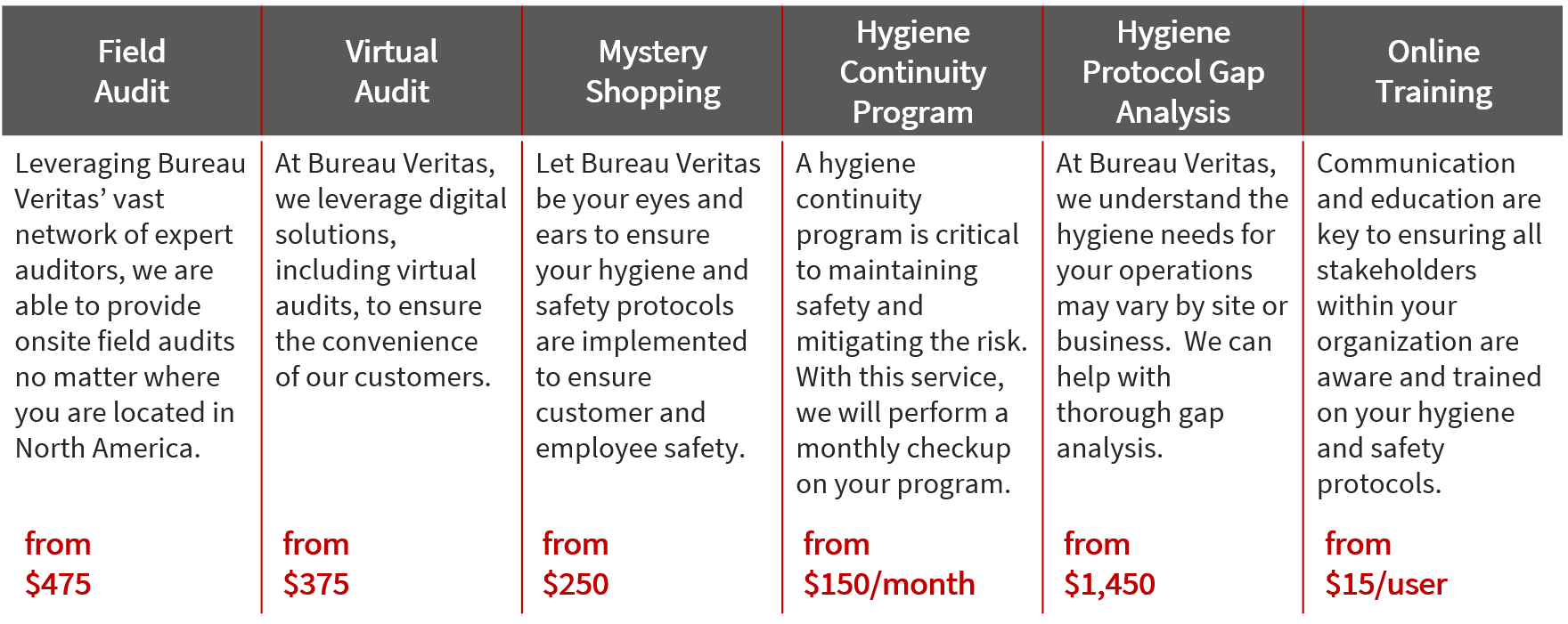 Pricing of the SafeGuard Services. Field Audit from $475. Virtual Audit from $375. Mystery shopping from $250. Hygiene Continuity Program from $150 a month. Hygiene Protocol Gap Analysis from $1,450. Online Training from $15 per user.