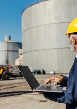 Man with hard hat and laptop inspecting oil site