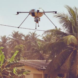 Drone flying in the sky with a palm tree in the background