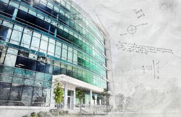 Drawing of an office building with notes on the side